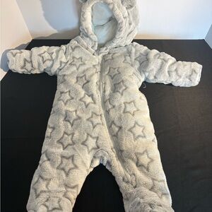 Plush Star-Patterned Infant Hooded Snowsuit - Light Gray